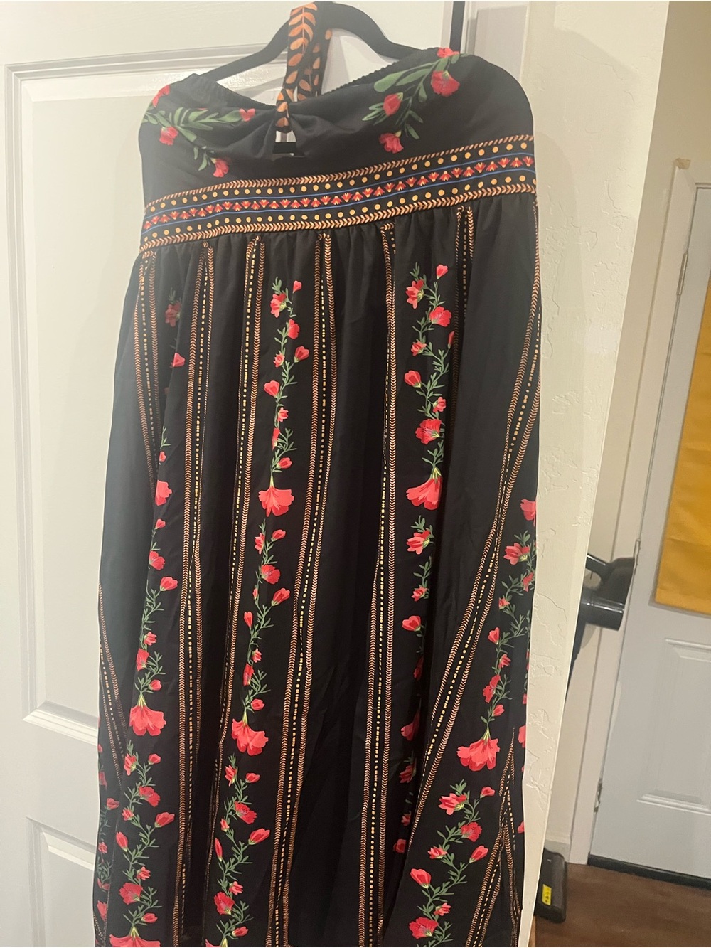 SHEIN Black Midi Dress with Red Floral Embroidery